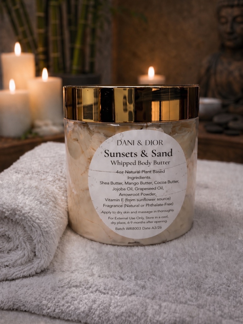 4oz Sunsets & Sand Whipped Body Butter jar top color may be gold black or white